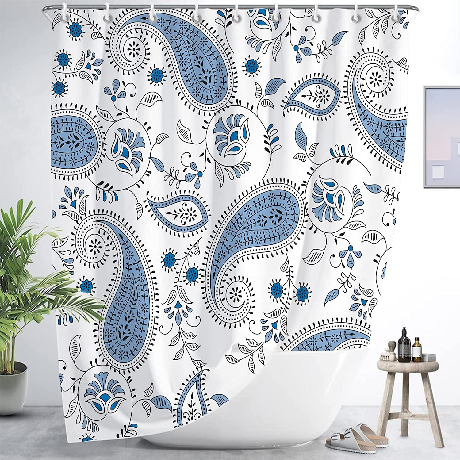 Watercolor Floral Shower Curtain Sets,Blue Beige Flowers Bathroom Curtains,Modern Minimalist