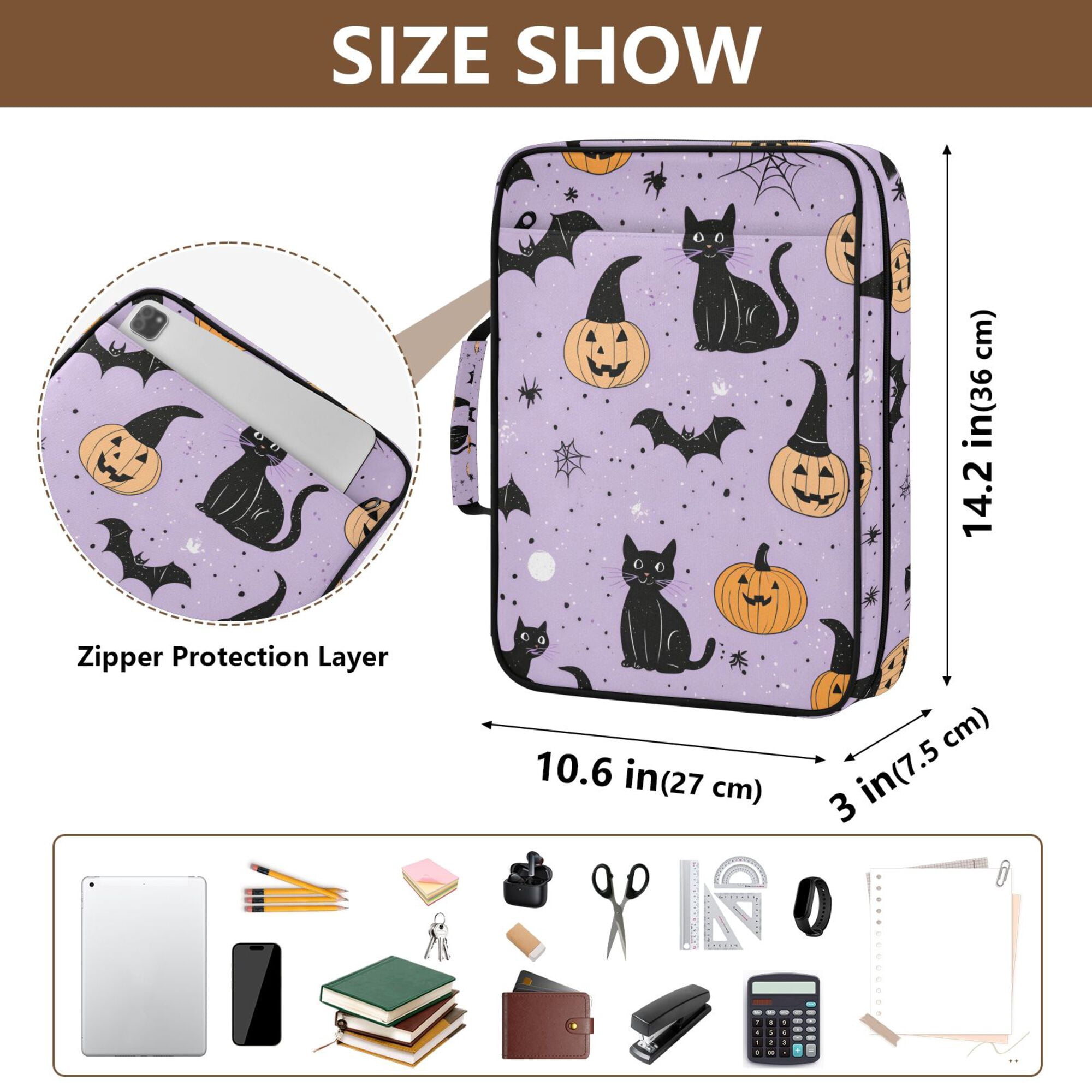 FORMRS Accordion File Folder A4 Size 7-Pocket Expanding Document Organizer Bag with 3 Ring Binder, Light Purple Halloween Black Cat