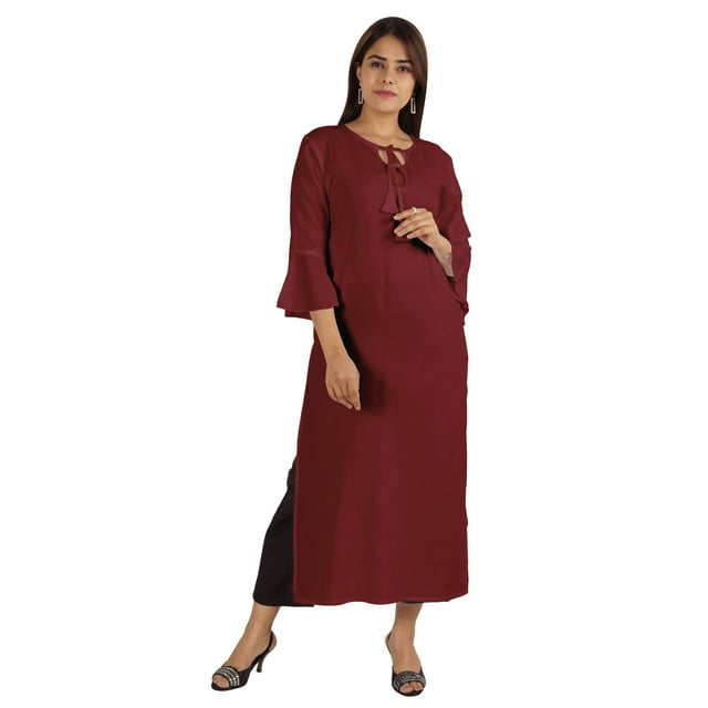 Moomaya Kurta en Rayonne Solide pour Femmes Manches Cloche Col à Cordon Kurti Ethnique Long