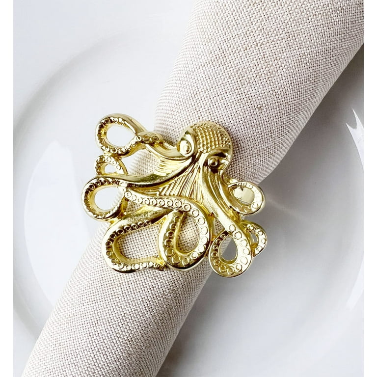 Fennco Styles Coastal Octopus Metal Napkin Rings, Set of 4 - Gold Nautical  Napkin Holders for Home Décor, Dining Table, Banquets, Family Gathering and