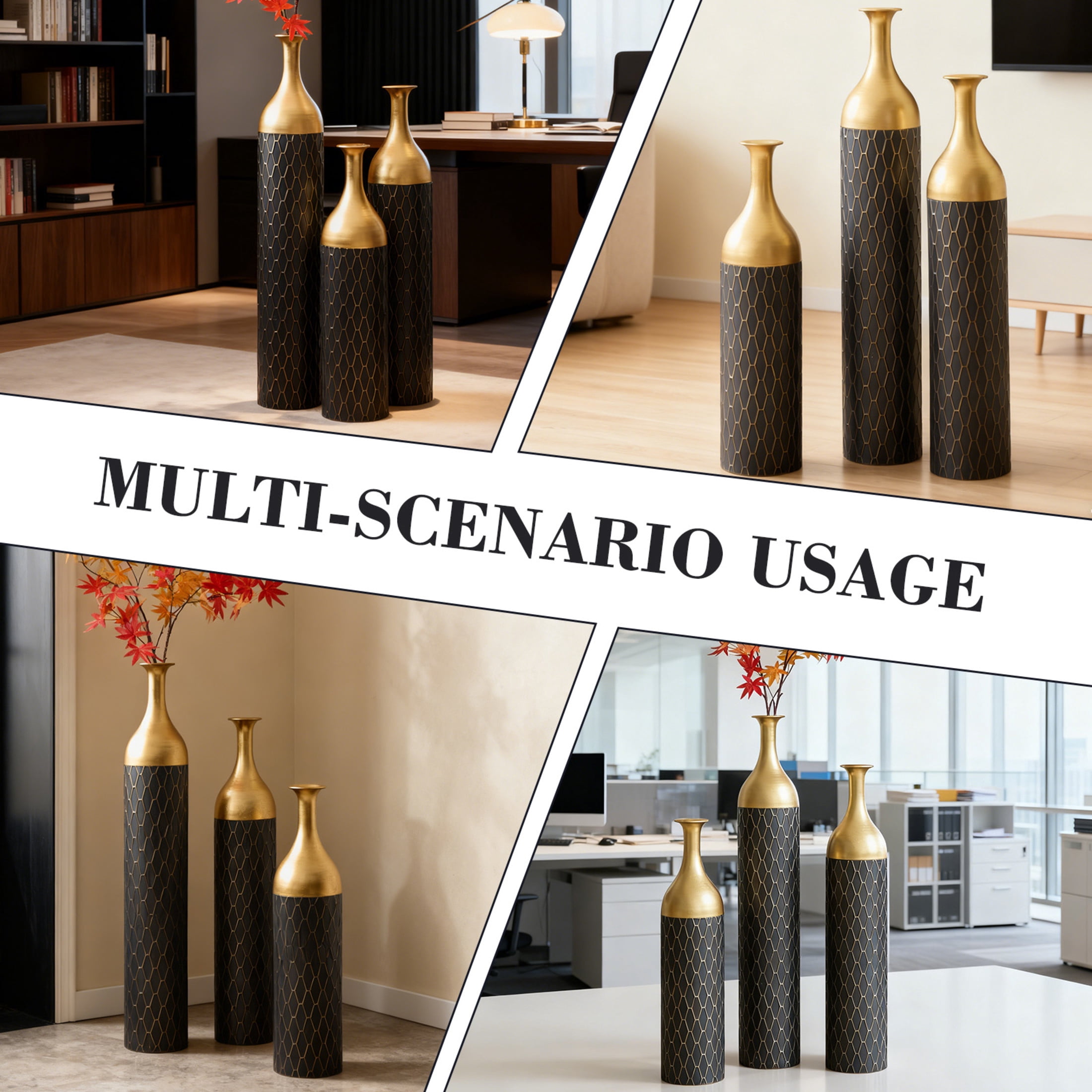 Noble House 34.25", 30.31", 24.8" Honeycomb Pattern Vase Set, 3-Piece Decorative Floor Vases, Black+Gold