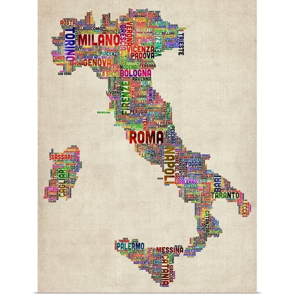 Great BIG Canvas | Rolled Michael Tompsett Poster Print entitled Italian Cities Text Map, Multicolor on Parchment