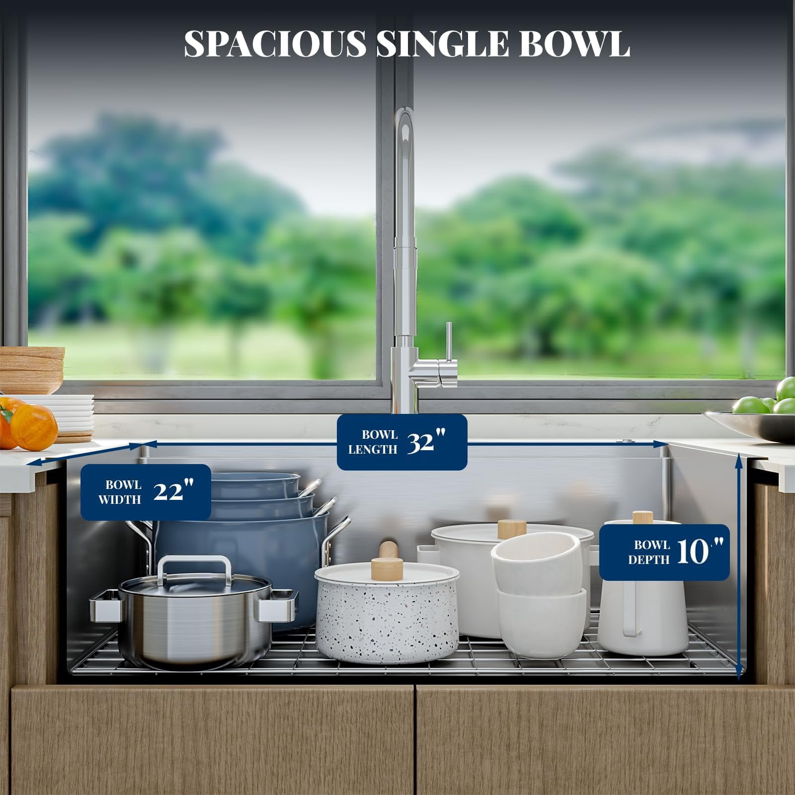 Drop-in Single Bowl Kitchen Sink 32x22 Inches, Drainboard 16 Gauge 304 Stainless Steel, 10 Inch Depth, Complete with Bottom Grid and Drain Assembly