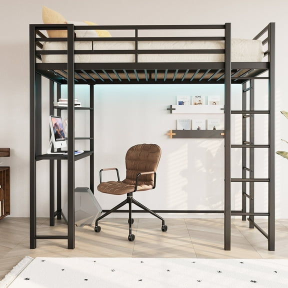 Walsunny Loft Bed Twin Metal Bunk Bed with Desk Guardrail Secured Ladder for Adults Girls Boys Bedroom Loft Dormitory,Black