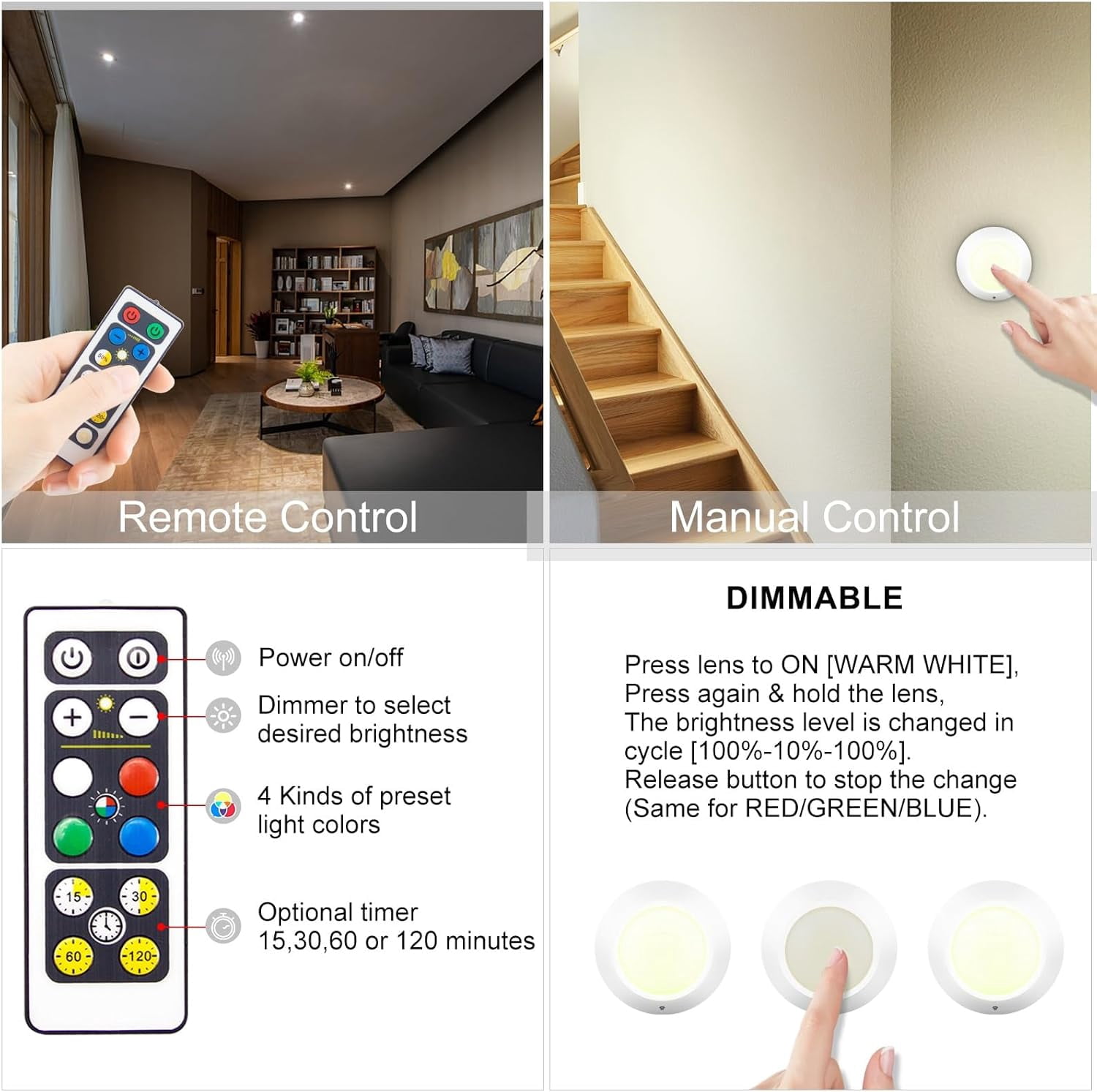 JJEAN-Wireless LED Puck Lights with Remote (3 Pack), Dimmable Stick On Under Cabinet Lighting, Color Changing Push Lights with Timer, Battery Operated Tap Lights for Kitchen, Closet, Shelf & Stairs