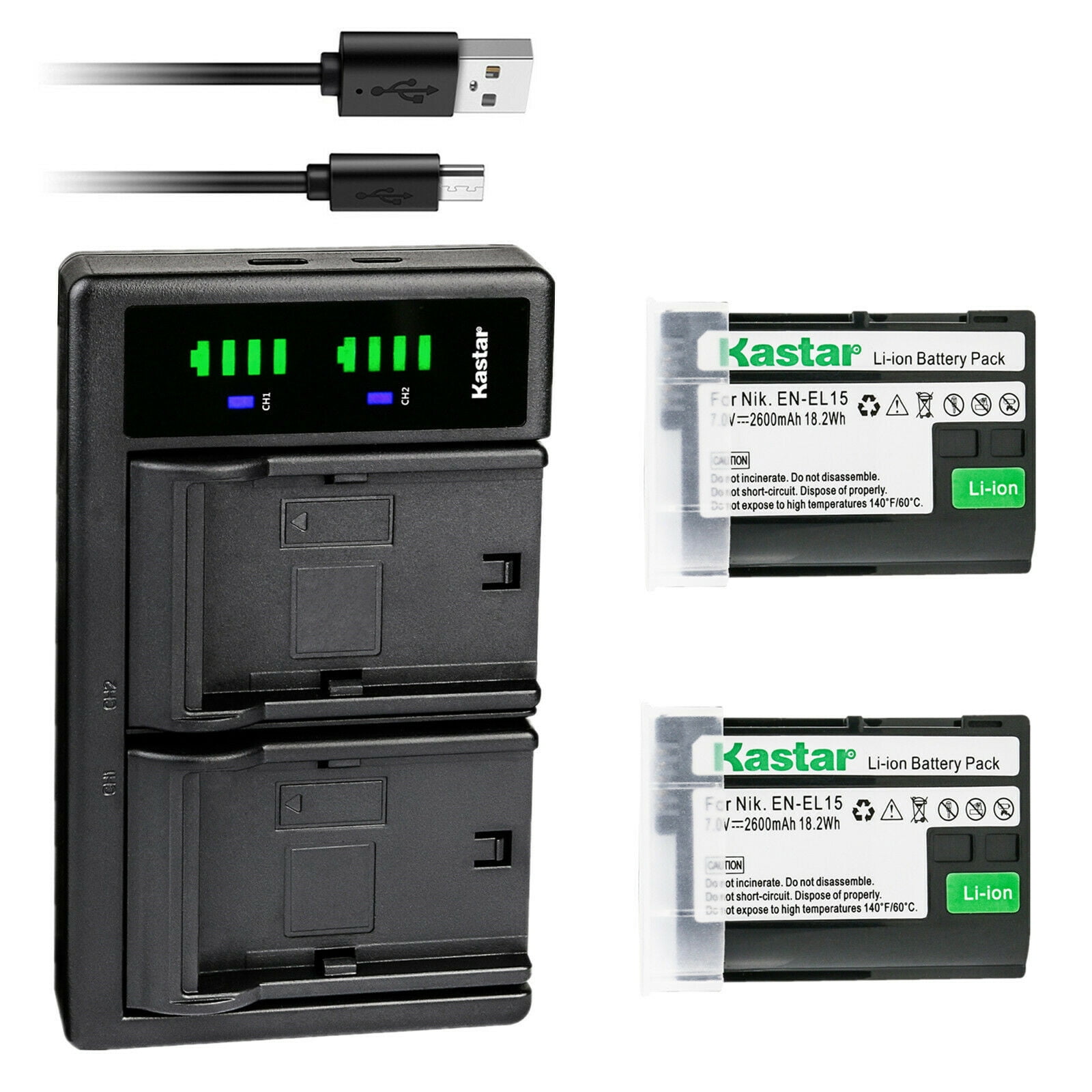 Kastar 2-Pack Battery and LTD2 USB Charger Replacement for Nikon D7000 D7100 D7200 D7500 Z 6 Z6 Z6 II Z 7 Z7 Z7 II Z 7 Q3 Z7Q3 1 V1 D500 D600 D610 D750 D780 D800 D800E D810 D810A D850 Camera