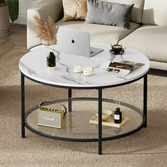 Dextrus 2-Tier Round Coffee Table Marble Center Cocktail Table with Storage Shelf, White & Black