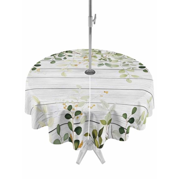 Outdoor Tablecloth with Umbrella Hole for Patio/Picnic/Party/Camping, Green Waterproof Table Cloth Round Cover Washable, Eucalyptus Leaves (Dia 60")