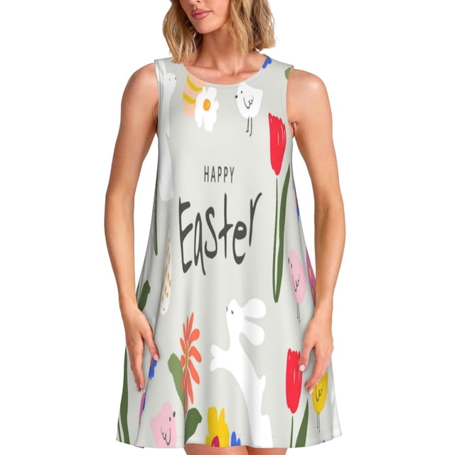 Balery Happy Easter Vestidos de verano para mujer con estampado: vestido holgado sin mangas, vestido playero informal y cómodo para días calurosos.