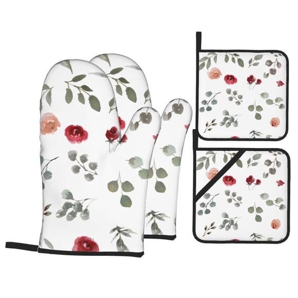 YFYANG Oven Mitts and Pot Holders Sets 4 Pieces, Non-Slip Heat Resistant Red Watercolorl Floral Pattern Kitchen Glove Pot Mat for Cooking and Baking