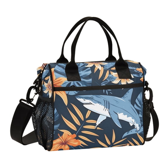 Flower and Shark Lunch Bag Insulated Lunch Box Leakproof Reusable Cooler Tote Adjustable Shoulder Strap for Men Women 9L