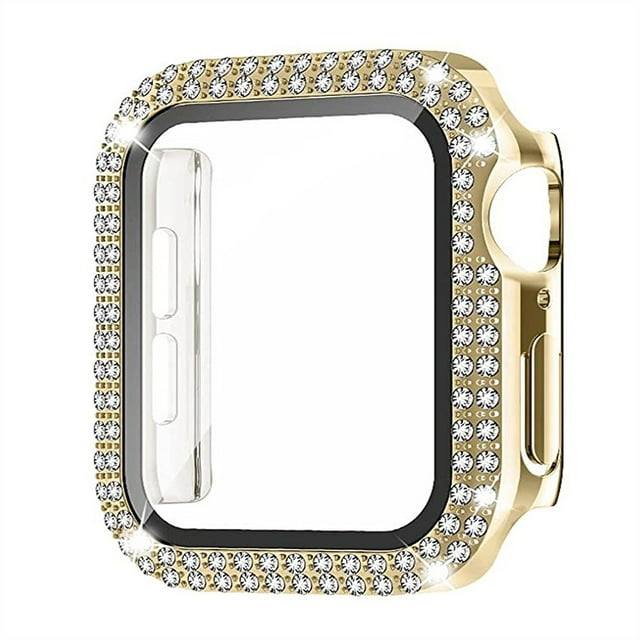 For Apple Watch Case 44mm Series 6/5/4/SE with Tempered Glass Screen Protector, Double Bling Case Crystal Diamonds Rhinestone Bumper Overall Hard PC Slim Protective Cover For iWatch 44mm