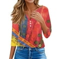 thumbnail image 4 of WTOBBY Women's Casual V-Neck Button Down Tee with 3/4 Sleeve, Daily Weekend Fashion Basic Tunic Top, Retro Geometric Print Henley Collar Regular Fit Shirt,Red 2XL, 4 of 5