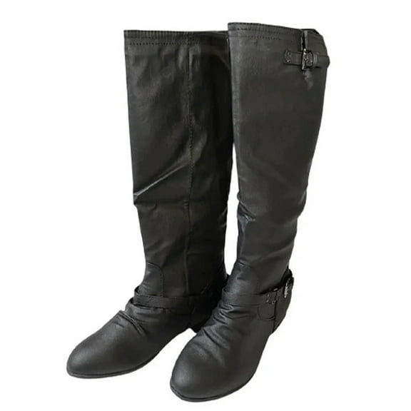 Top Moda Coco-1 Women's Slouched Belted Buckle Knee High Stylish Casual Black Riding Boots 6.5