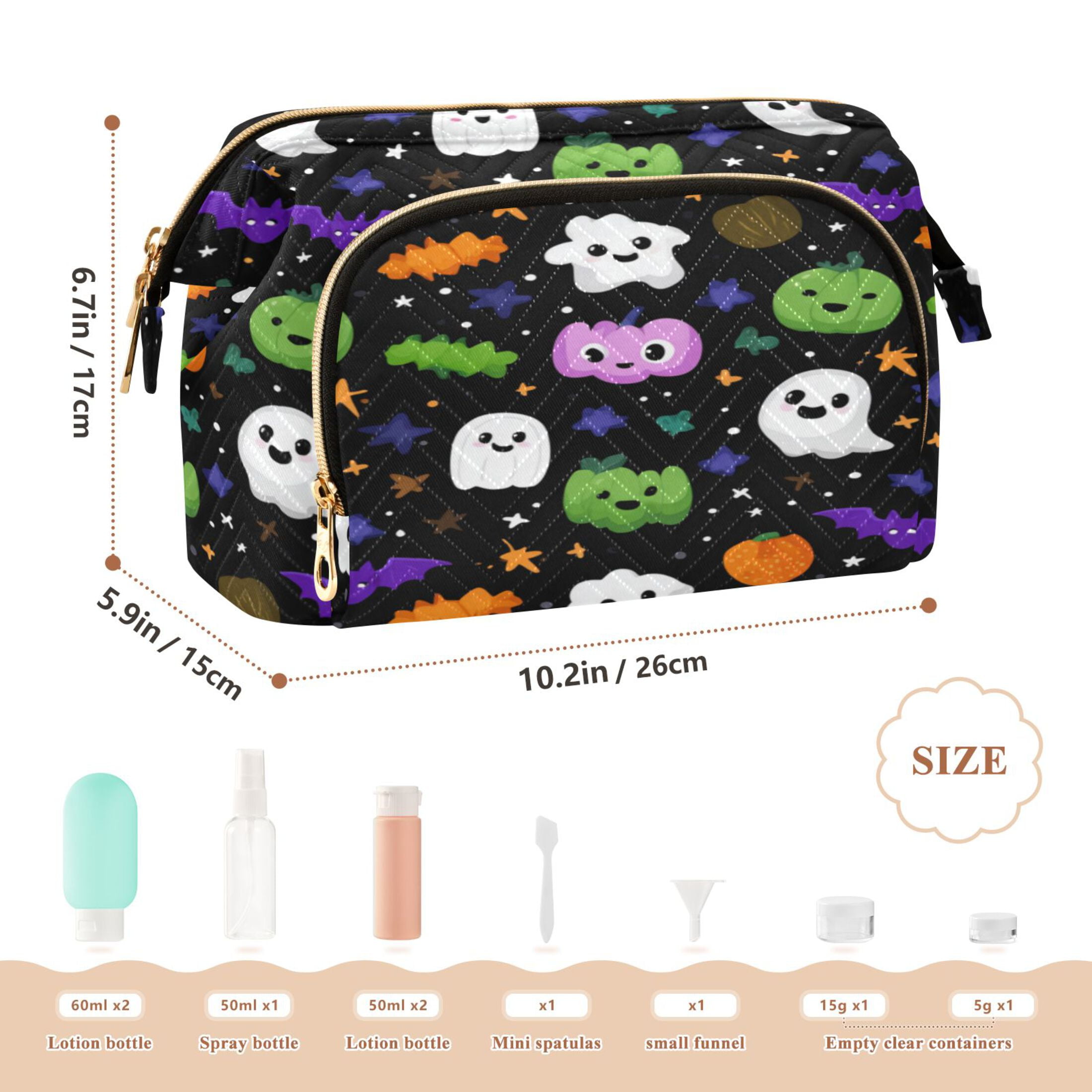 Wavy Quilted Cosmetic Bag Large-Capacity Travel Toiletry Organizer Includes 9-Piece Portable Travel Bottle Set Cartoon Ghosts Pumpkins