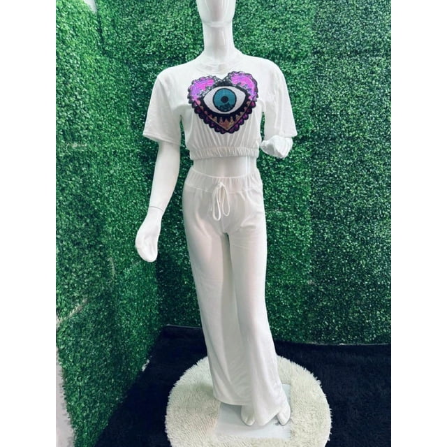 Conjunto De Ojo Turco Blusa Y Pantalón Acampanado Color Blanco Talla Unitalla Marca Emil SaEs