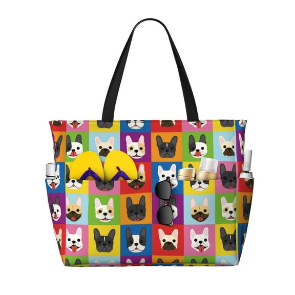 Daiia Colorful Bulldog Beach Travel Bag - Water-Resistant Beach Bag, Lightweight Tote with 7 Pockets for Women and Men - Gym,Pool,Camping,Reusable Grocery Bag