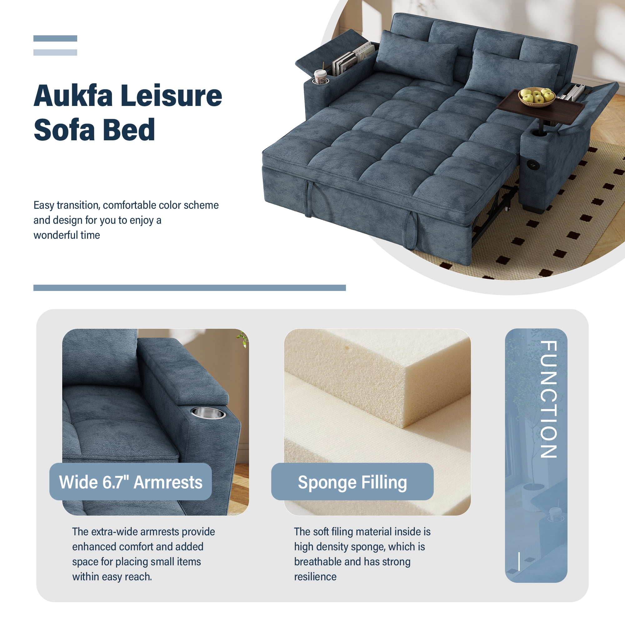 Aukfa 65"W Convertible 3-in-1 Sofa Bed with Storage, Queen Chenille Sleeper Couch with USB/Type-C Ports & Rotating Side Table,Blue