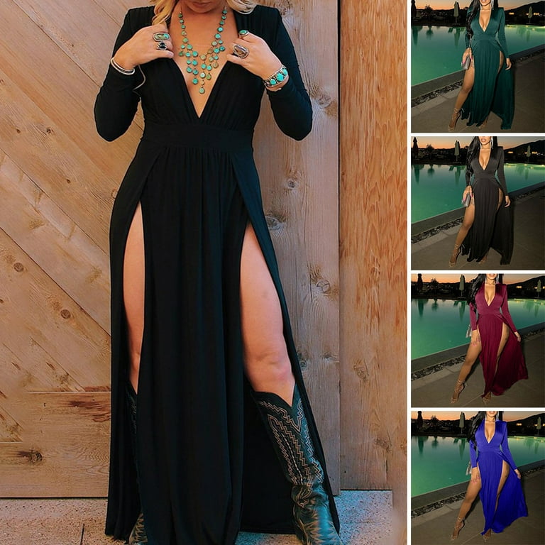 Slit Deep V Neck Dress Women Women Sexy Long Sleeve Bodycon Dress