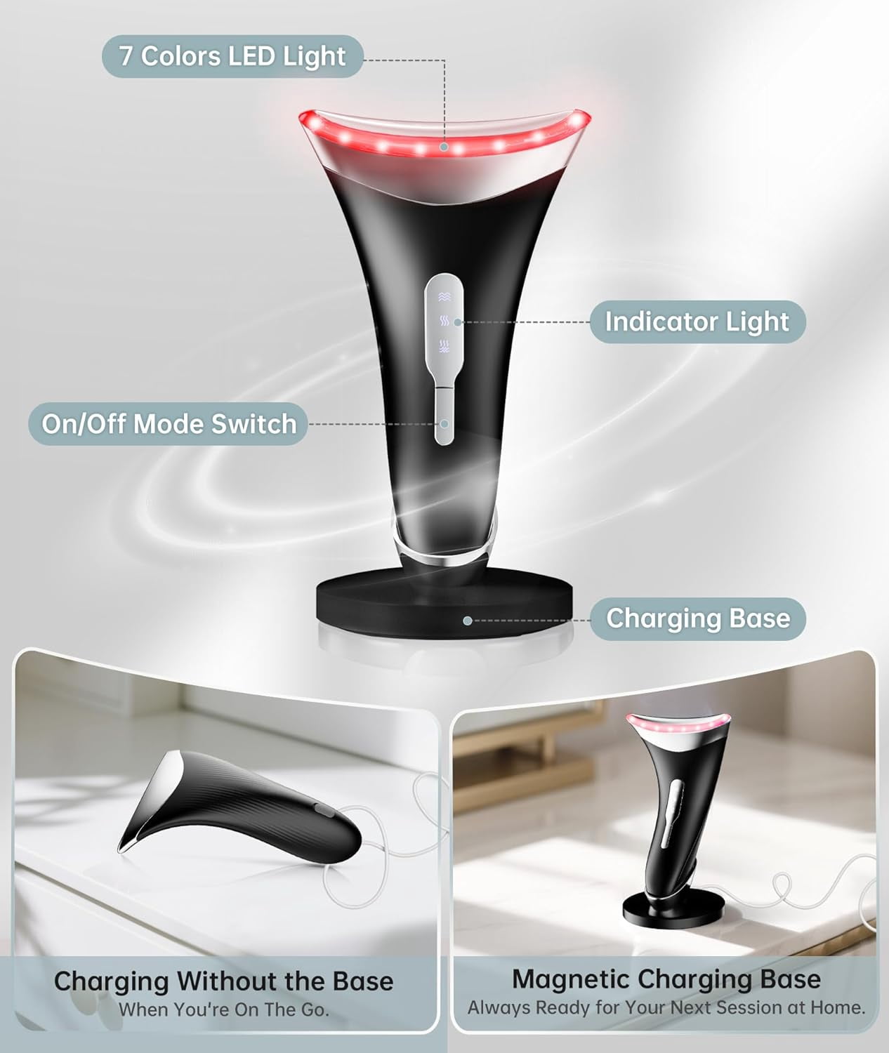 Red Light Therapy Facial Massager, 7 Color Adjustable Vibration and Heat for Wrinkles and Double Chin, Portable Skin Care Tool with Charging Base