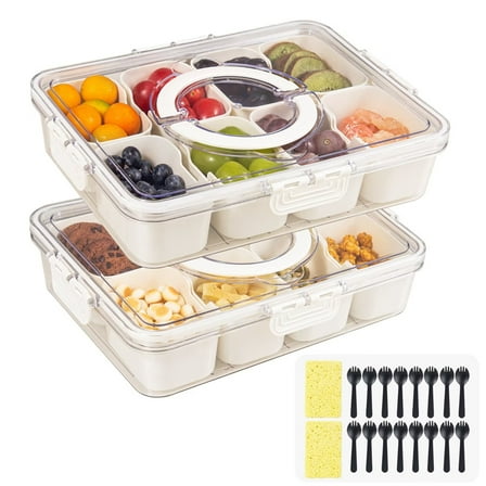 2 Pack Snackle Box Container with 8 Compartments, Clear Divided Serving Tray with Lid and Handle, Snack Bentobox for Charcuterie, Candy, Fruits, Nuts, Picnic, Travel, Beige