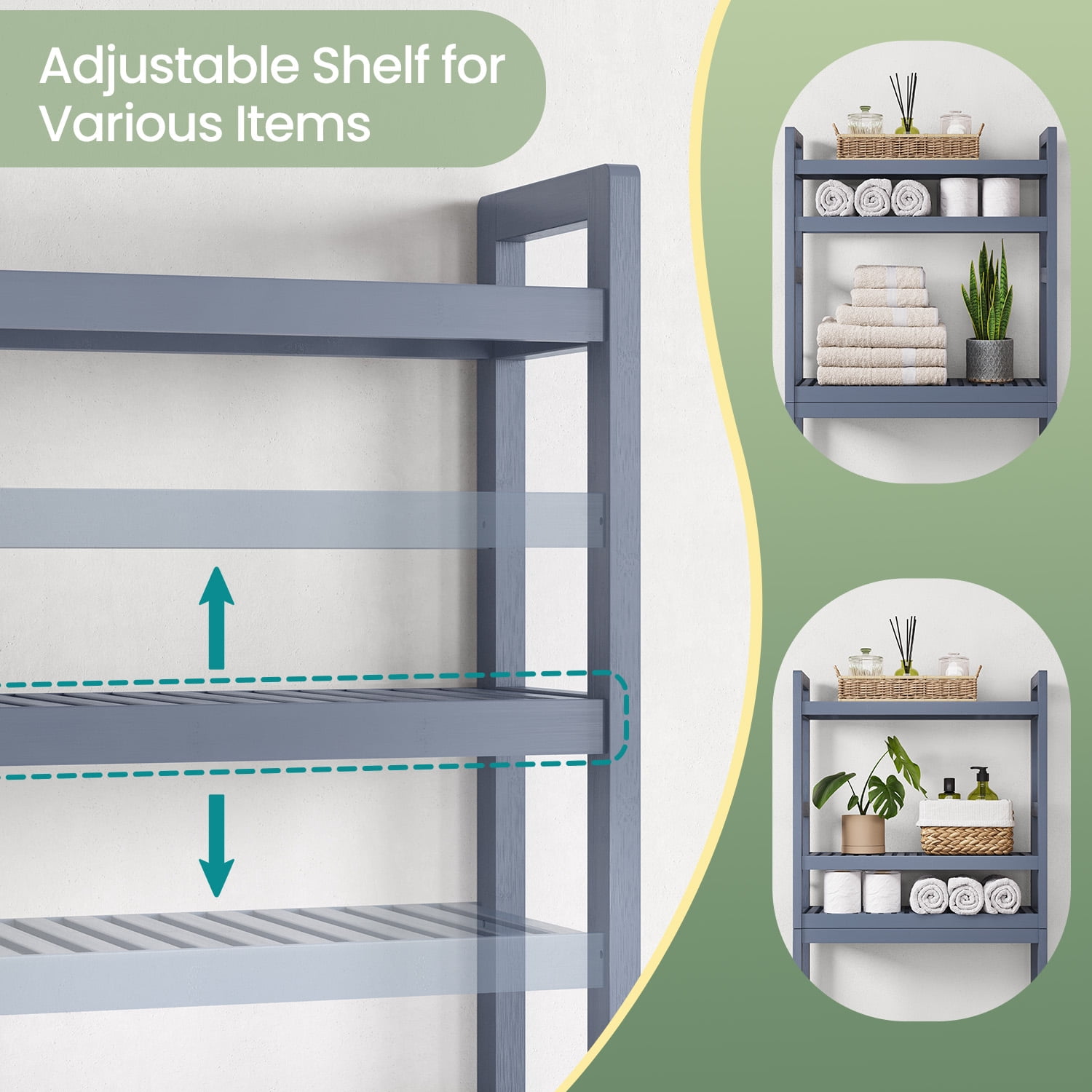 LEDREM over the Toilet Storage Shelf, 3-Tier Bathroom Organizer Adjustable Saver Space Rack with Toilet Paper Holder,Gray