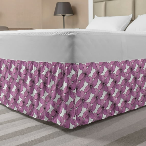 Garden Art Bed Skirt, Graphic Pattern of Tropical Wildflowers Clutter on a Plain Backdrop, Elastic Bedskirt Dust Ruffle Wrap Around for Bedding Decor, 4 Sizes, Pale Purple and White, by Ambesonne