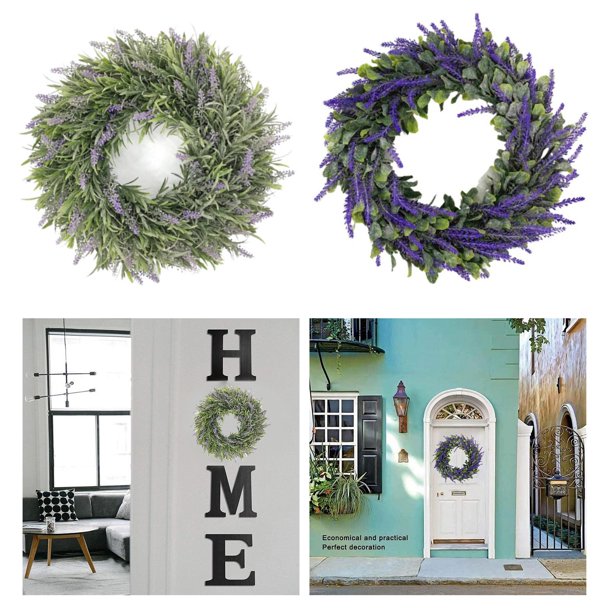 2 piezas de flores de lavanda artificial Perfecl Corona para colgar en la puerta de entrada