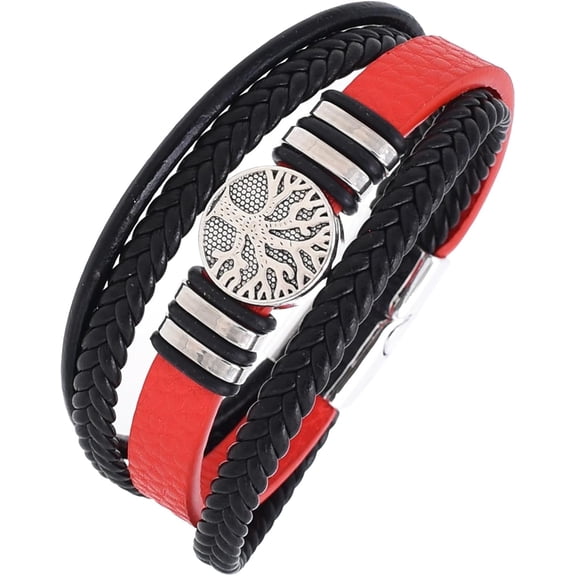 Tree of Life Leather Bracelet for Men, Multi-Layer Braided Religious Mens Cuff Bracelets with Alloy Clasp Anniversary Father's Day Birthday Christmas Jewelry Gifts for Him Red Medium - 8.3" Length
