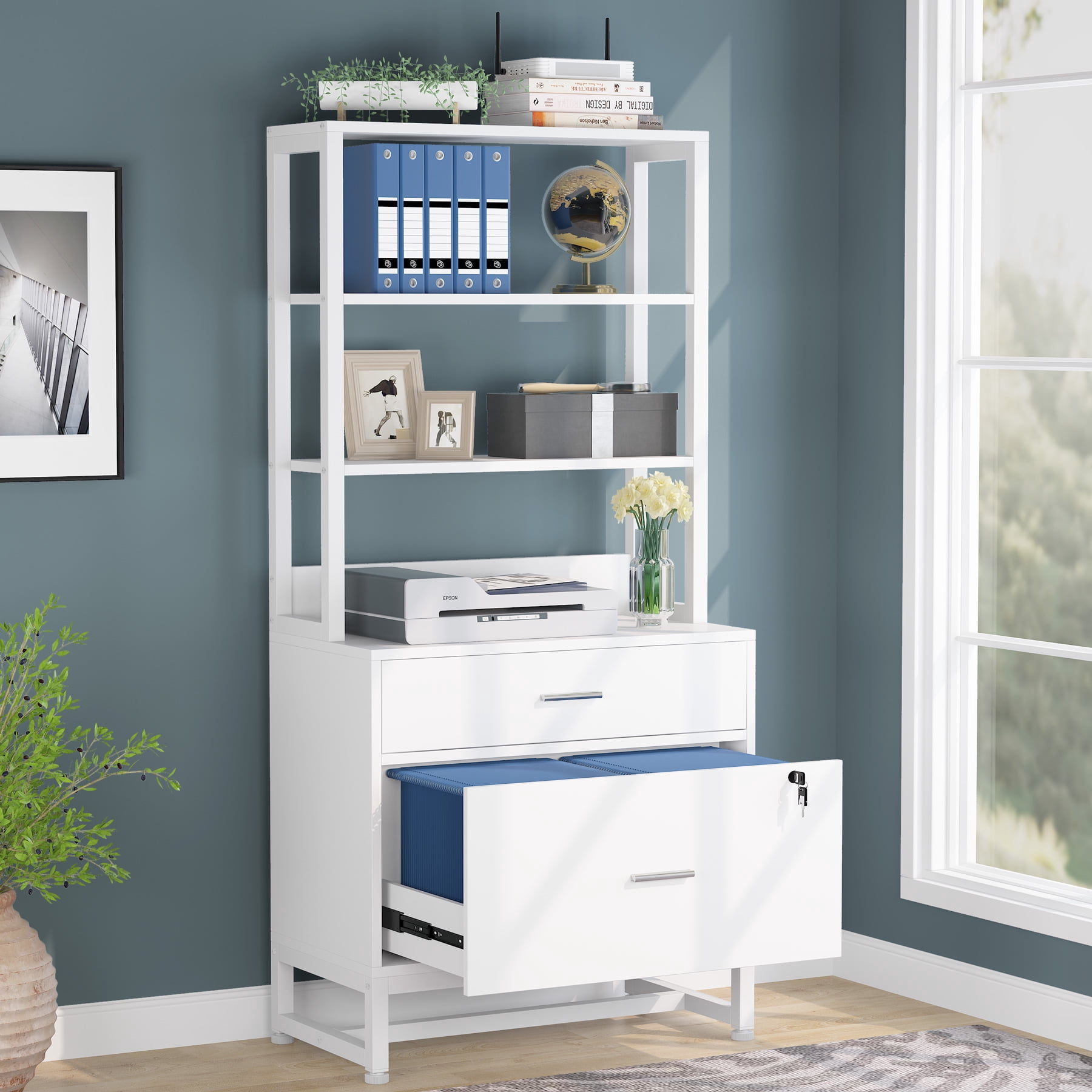Tribesigns 2 Drawer File Cabinet with Lock, Letter Size Modern Filing Cabinet with Storage, White