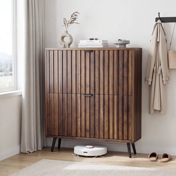 Semiocthome Shoe Cabinet with 2 Fluted Flip Drawers Freestanding Shoe Organizer for Entryway, Walnut, 31.5"W