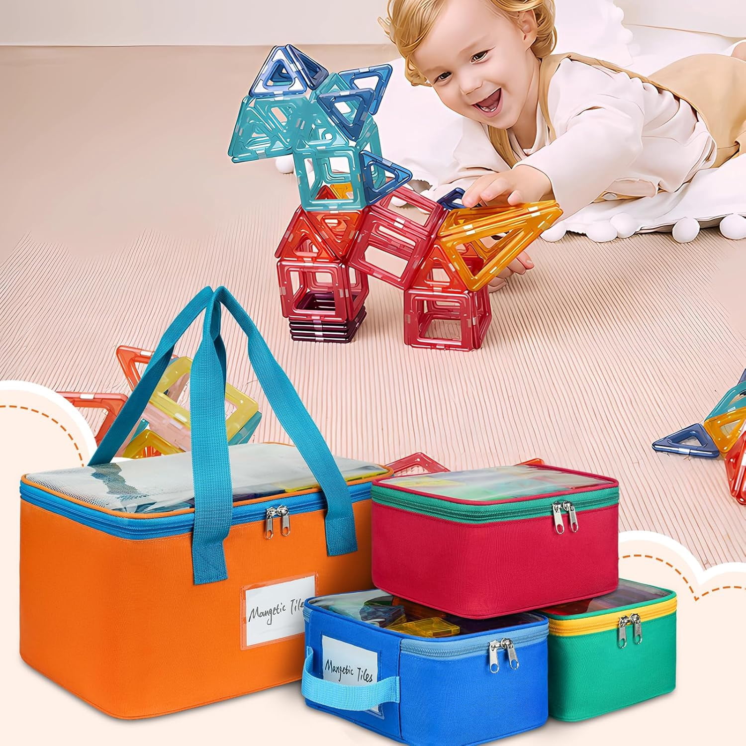4 Packs Magnetic Tiles Storage Bags,Magnetic Tiles Storage Bin,Toy Organizer Case with Mesh Pocket and Tag Pocket for Magnet Building Tiles,Board Game,Puzzle and  Bricks