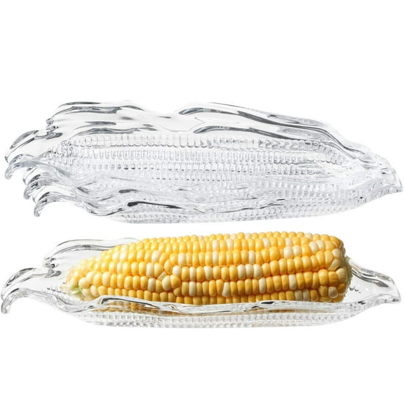 NOGIS 4 Pieces Corn Trays, Corn Cob Stainless Steel Barbecue Tools and Service Tray Corn Tableware Set, Corn Cob Holders in Random Colors (Translucent Tray)