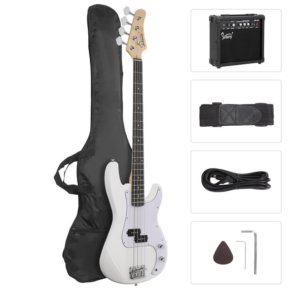 Glarry 4 String Electric Bass Guitar Beginner Kit with 20W AMP, Cable, Strap, Bag and Accessories (White)