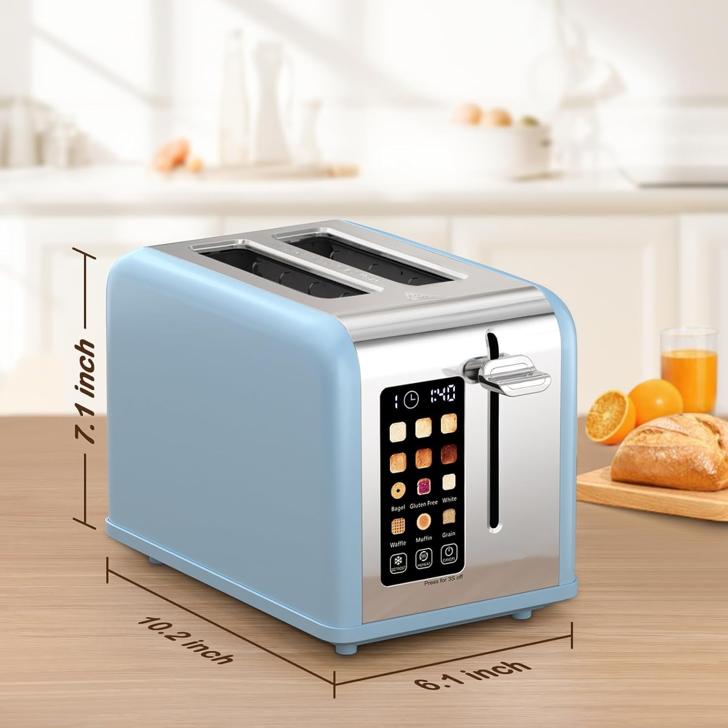 2 Slice Touch Screen Toaster, 1.5" Wide Slot, Stainless Steel Smart Toaster for Bagels, Muffins, Waffles, Gluten-Free Breads, Defrost, Reheat, Timer, 825W, Ice Blue