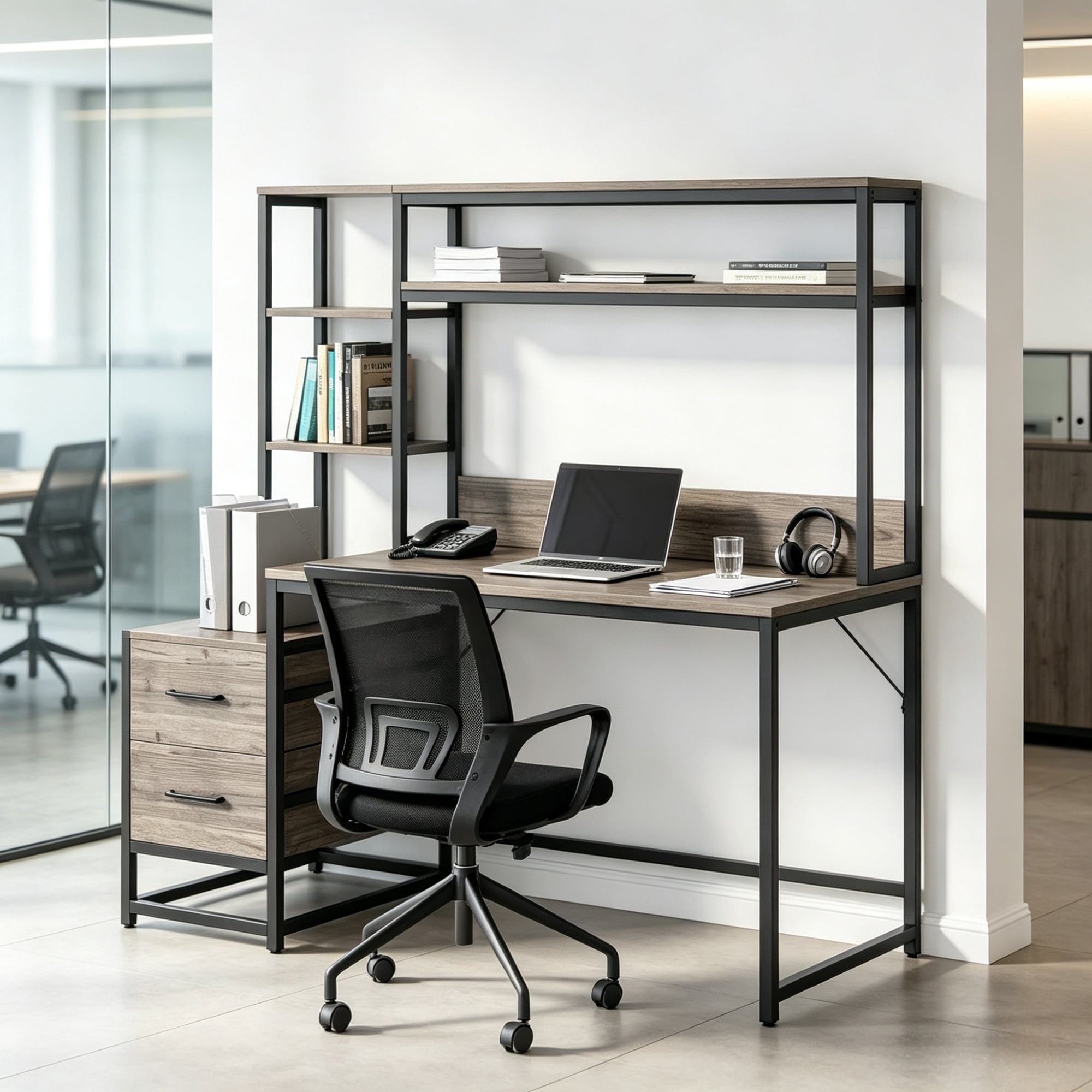 Astoutdoor Wood Computer Desk with 2 Drawers and Open Storage Shelves, 46.46 in Wide, 82.01 lb