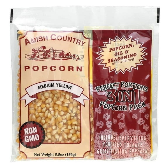 Amish Country Popcorn, Perfect Portions 3 in 1 Popcorn Pack, Medium Yellow, 5.5 oz Pack of 2
