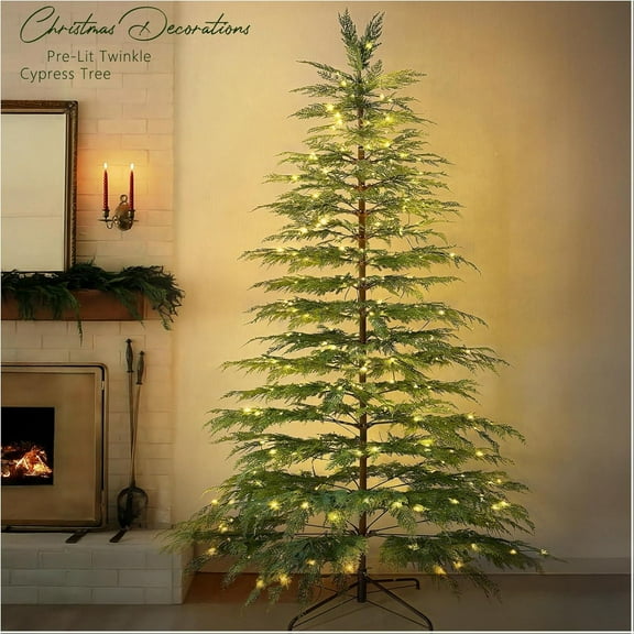 5FT Pre-Lit Artificial Christmas Cypress Tree with LED Twinkle Lights, Holiday Xmas Tree for Indoor Home, Living Room, Office, Party & Seasonal Decoration, Realistic Faux Evergreen Christmas Décor