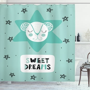 Sweet Dreams Shower Curtain, Lettering with Illustration in Scandinavian Style Mouse and Stars, Fabric Bathroom Set with Hooks, 69W X 70L Inches, Seafoam Black and White, by Ambesonne