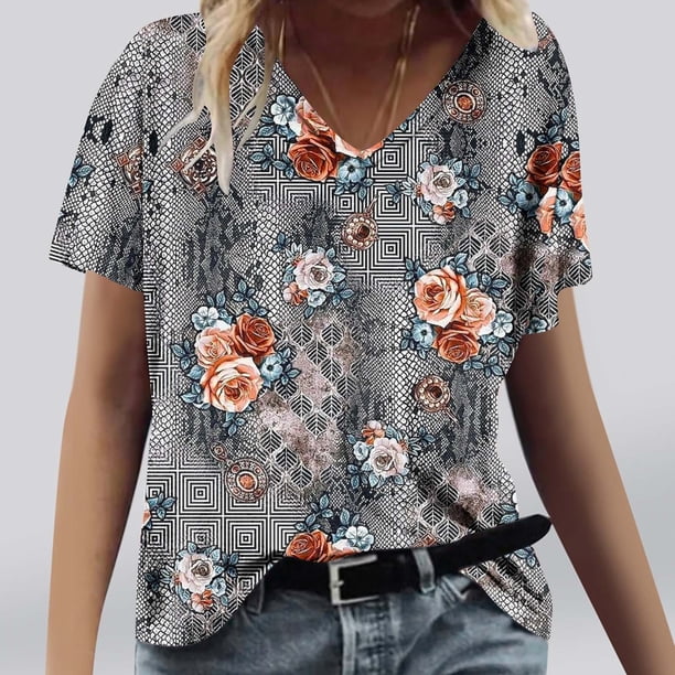 Fiudx Camisetas para Mujer Camiseta de Manga Corta con Cuello En V y Estampado Floral Informal de Moda para Mujer