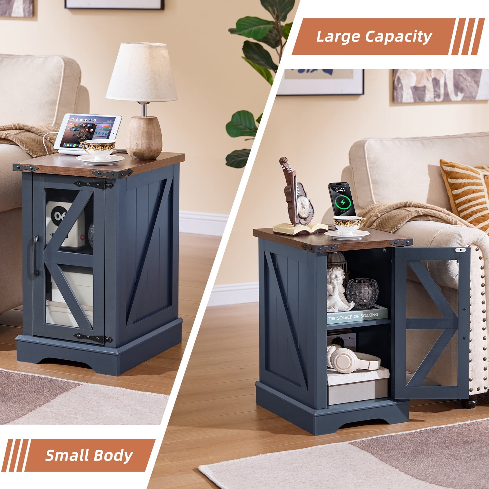 Joaxswe Coffee Table Set of 3, Flip Top Coffee Table with Large Hidden Storage, 2 Farmhouse Nightstands with Charging Station for Living Room, Navy