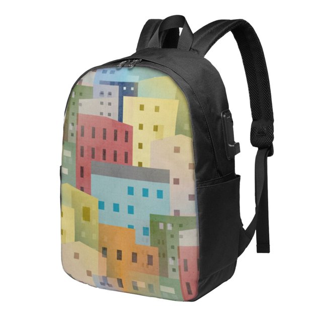 YFYANG 17" Laptop Backpack, Colorful Architectural Patterns Fashion Travel Work Backpack with USB and Headphone Cable Interface for Men and Women