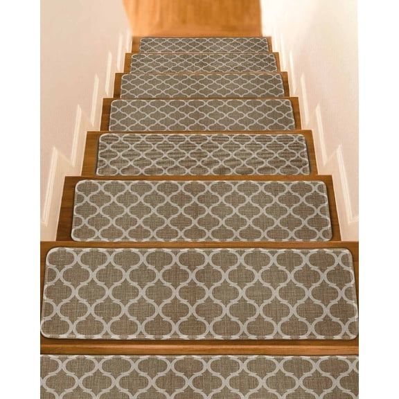 Brown Plaid Non-Slip Stair Treads for Wooden Steps, 10 Pack 8x30 Inches Carpet Stair Mats with Adhesive Backing, Noise-Reducing Step Covers for Indoor Stairs, Easy to Install & Residue-Free