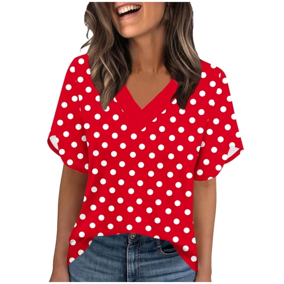 hoksml Women's Polka Dot V-Neck Short Sleeve Top Casual Loose Fit Split Sleeve Summer Blouse