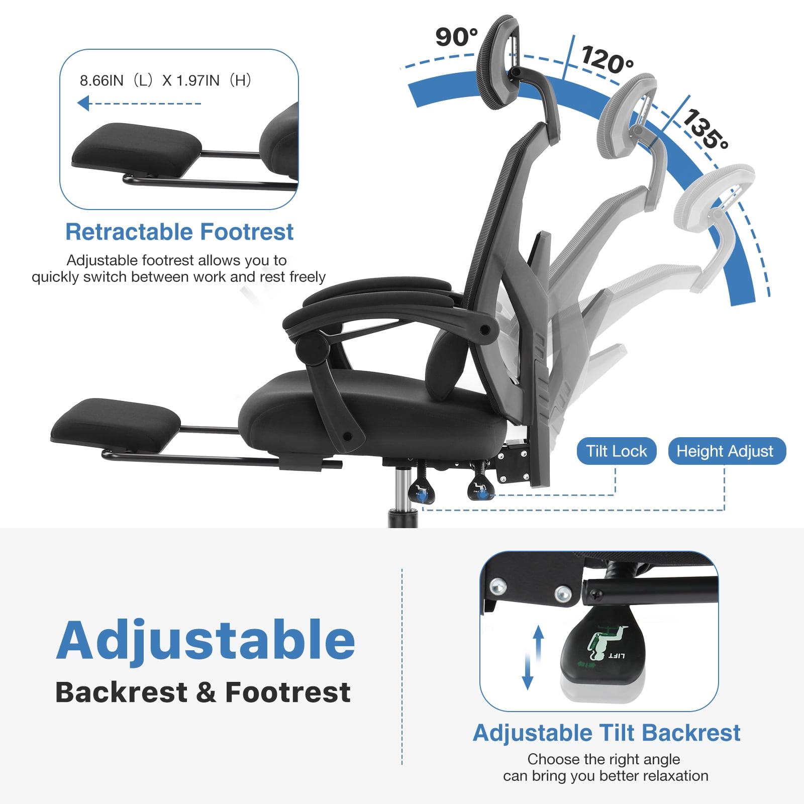 CONCETTA Ergonomic High Back Mesh Office Chair with Footrest and Armrests, Adjustable Lumbar Support, Headrest, and Reclining, Swivel Rolling Desk Chair for Home and Computer Tasks, Black