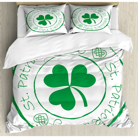 St. Patrick's Day Duvet Cover Set, Stamp Like Design Greetings for Party March 17 Lucky Shamrock Print, Decorative 3 Piece Bedding Set with 2 Pillow Shams, Calking Size, White and Green, by Ambesonne