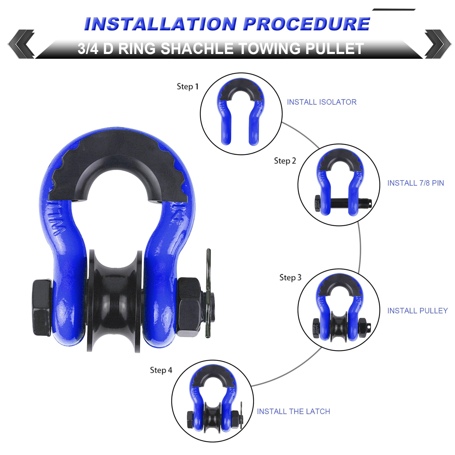 AMBULL Upgraded Snatch Block, 3/4" D Ring Shackle (2 Pack) 22,000lb Break Strength with Towing Pulley, Heavy Duty Offroad Recovery Accessory for Truck, Tractor, ATV & UTV - Blue