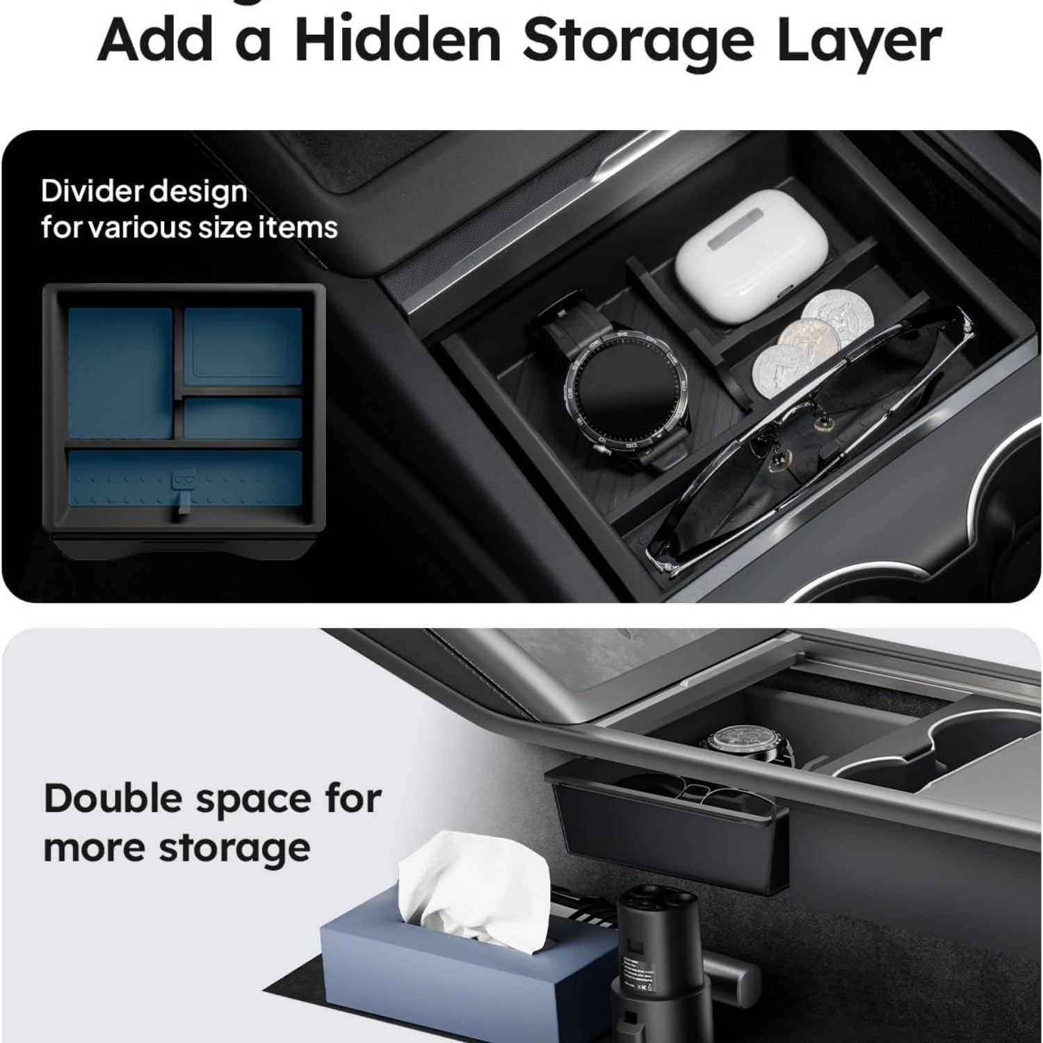 Tesla New Model Y Juniper & Model 3 Center Console Organizer [Double Layer Space, Slide Smoothly] Model 3 (2024~2025)/New Model Y Juniper Accessories, 4PCS Black