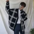 thumbnail image 2 of Suéter de punto azul a cuadros para hombre, cárdigan masculino con cuello en V, moda coreana de otoño 2024, rebajas de algodón, tops ajustados, estilo coreano X, 2 of 5