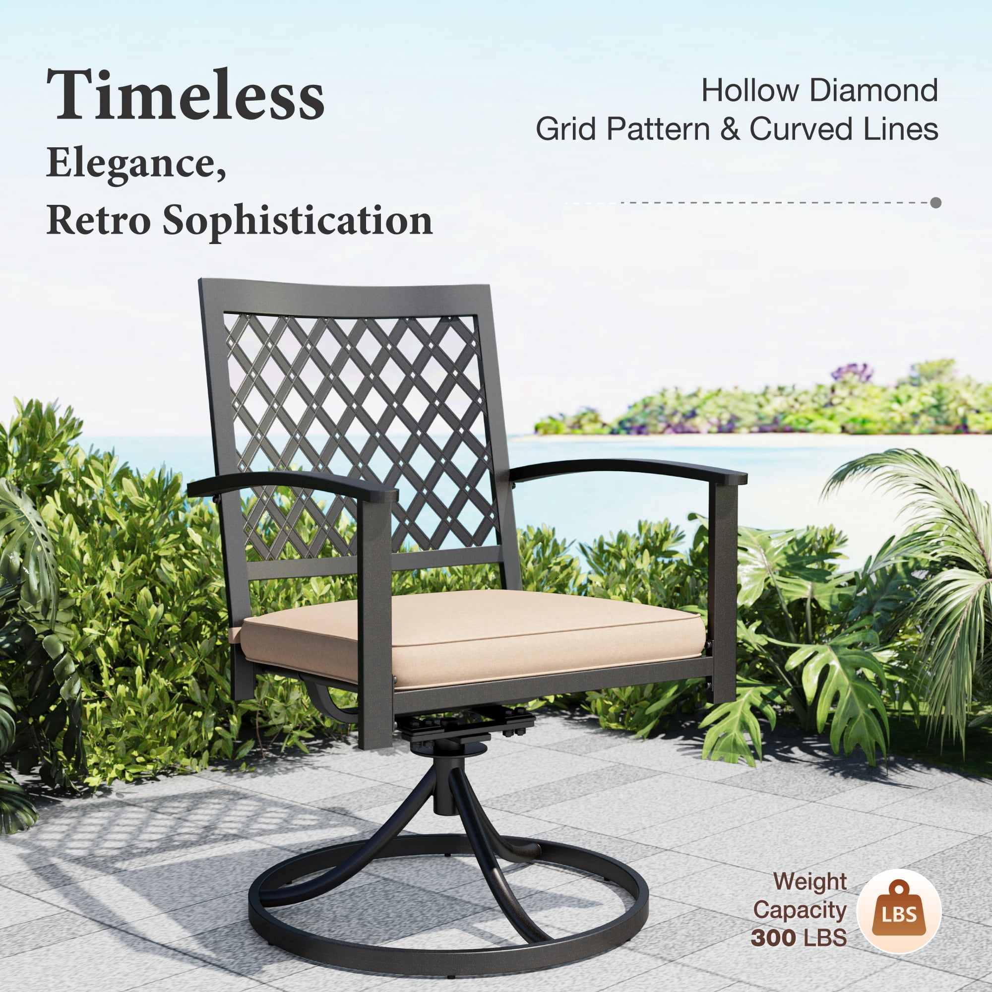 SUMMT LIVING 7-Piece Outdoor Patio Dining Set with Wood-Like Table & Swivel Cushioned Chairs for 6-Person, Black